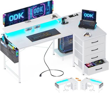 ODK кутовий письмовий стіл L-подібний з 4 текстильними шухлядами, LED-підсвічуванням, підставкою для монітора, 2 розетками та 2 USB-портами, геймерський комп'ютерний стіл для дому та офісу, білий, 140x80 см