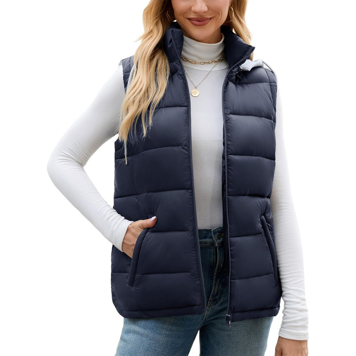 Ванкаву Степледік з капюшоном, короткий зимовий жилет, повсякденний, без рукавів, куртка (темно-синій, S)