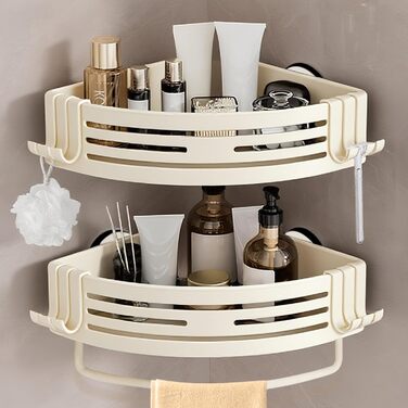 Поличка для душу Lekesky без свердління, кутова, з міцними присосками, алюміній, нержавіюча сталь, знімна, для ванної кімнати, кухні, орендованого житла (2 шт., кремовий колір з тримачем для рушників)