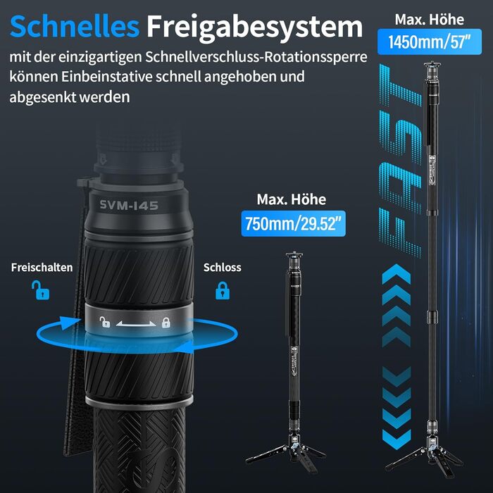 SIRUI SVM-145 монопод для камери з ніжками, 145 см, карбонове, для DSLR/Camcorder, до 10 кг