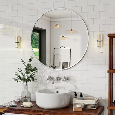 BEAUTYPEAK Круглий дзеркало 60 см срібного кольору з алюмінієвою рамою, безпечне для ванної кімнати, для спальні, вітальні, 60x60 см