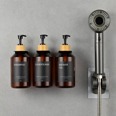 Набір з 3 дозатори мила для стін, 500 мл, флакони для шампуню та гелю для душу, чорний дозатор мила без свердління для кухні та ванної кімнати (коричневий флакон + чорний бамбуковий диспенсер)