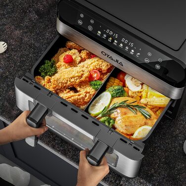 Фритюрниця повітряна з цифровим LED-дисплеєм, 10-в-1, 10 л. Зі скляним вікном, таймером та функцією здорового приготування без олії.