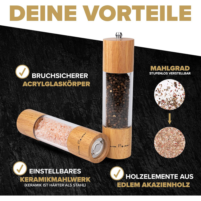 Набір для мелення спецій: солянка та перечниця з акації з регулюванням помелу - якісні млини з керамічним механізмом