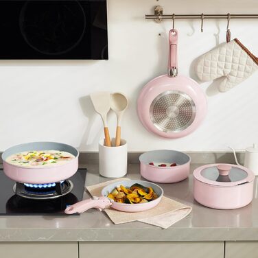 Florosa Ceramic Pots & Pans 5-Piece Set, 20/26cm Non-Toxic Cookware Set, Non-Stick Coated Pan with Lid & Removable Handles, Induction and Oven Safe, PTFE and PFOA Free, Pink