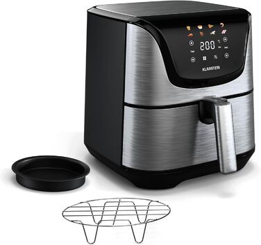 Klarstein AeroVital Deluxe Hot Air Fryer – 5.4L Airfryer, 1700W, Touch Display, 8 Programs, Non-Stick Coating, Grill Rack & Pizza Pan, Cool-Touch Housing, Timer & Temperature Control, Stainless Steel Hot Air Fryer + Basic Accessory Set