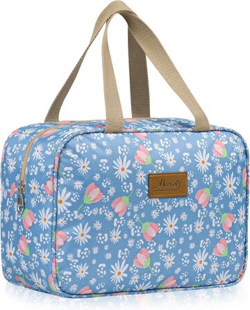 Велика косметичка для подорожей, жіноча косметичка-органайзер, косметичка для макіяжу з ручкою, #9 Листя (світло-блакитні квіти)