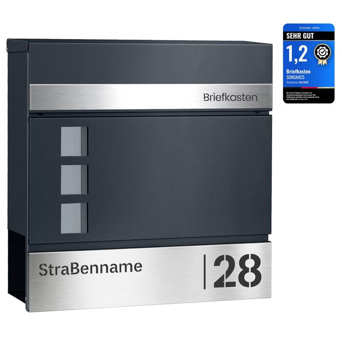 Поштовий ящик SONGMICS з персоналізованим гравіюванням, номерний знак, сучасний антрацитово-сріблястий, з замком та вікном для газет
