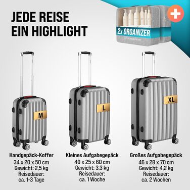 Набір валіз Monzana® 3шт (зелений) M-L-XL з замком, органайзером та вагами - зручні ручки, подвійні колеса, підставка, тріліон, дорожній валіз, валіза з жорстким корпусом, набір валіз, тріліонний набір (срібло)