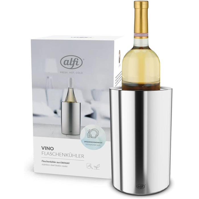 alfi SECCO, stainless steel bottle cooler for 0.70 to 1l bottles, wine, sparkling wine. Keeps drinks cool without condensation or ice cubes, ensuring chilled drinks to the very last drop. Dishwasher-safe, BPA-free (Polished stainless steel, cylindrical)