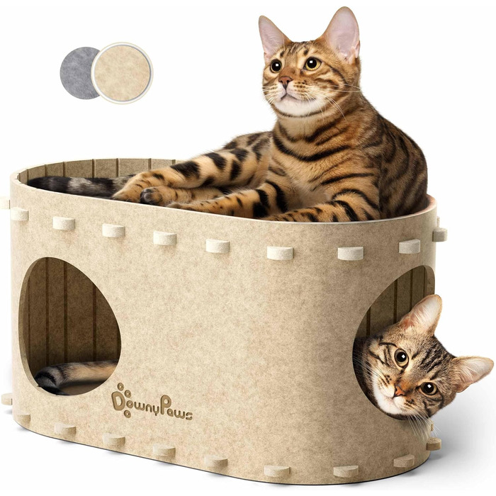 Felt Cat Cave, Felt Cat House, Cat Bed, Cat Cave for Cats, 58 x 33 x 30cm, Peek-a-Boo for Play, Winter-Proof, Nail Protection, Beige