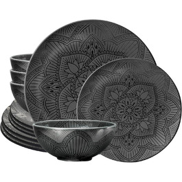 Набір тарілок та мисок Bzyoo з меламіну, 4 шт., чорний, La la Mandala. Без BPA, придатний для миття в посудомийній машині.
