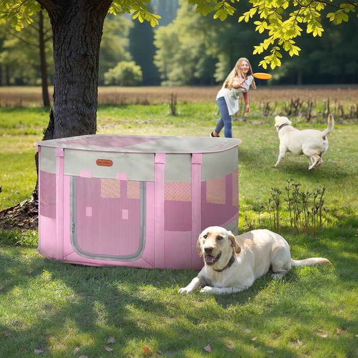 Клітка-манеж для тварин, розкладний загін для кошенят/цуценят, клітка для собак, манеж для цуценят для дому, переноска з сумкою, намет, для відпочинку на природі, кемпінг, рожевий, розмір L