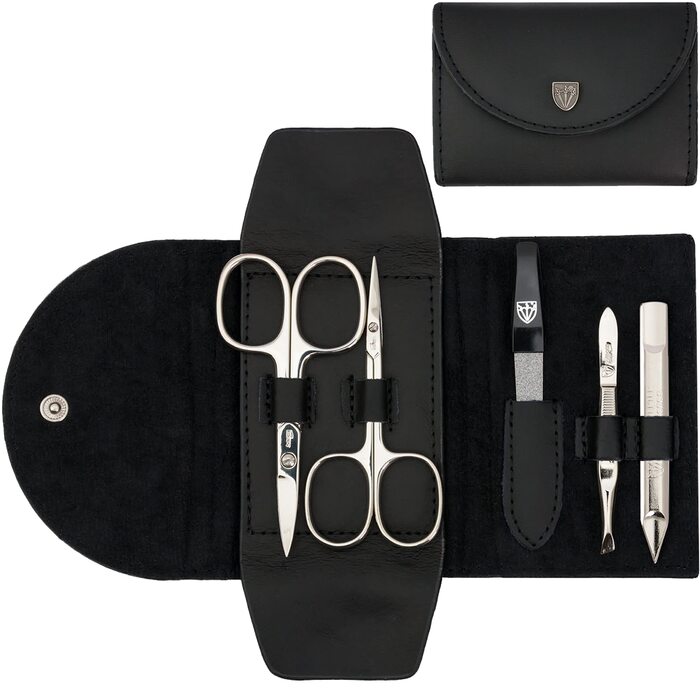 Набір манікюру DREI SCHWERTER 'Anzio III' 5 шт. | Набір для догляду за нігтями в шкіряному етажері чорного кольору | Зміст: кусачки для нігтів, ножиці для кутикули, пінцет, алмамна пилка для нігтів, засіб для очищення нігтів (шкіряний етажер - чорний Anzi