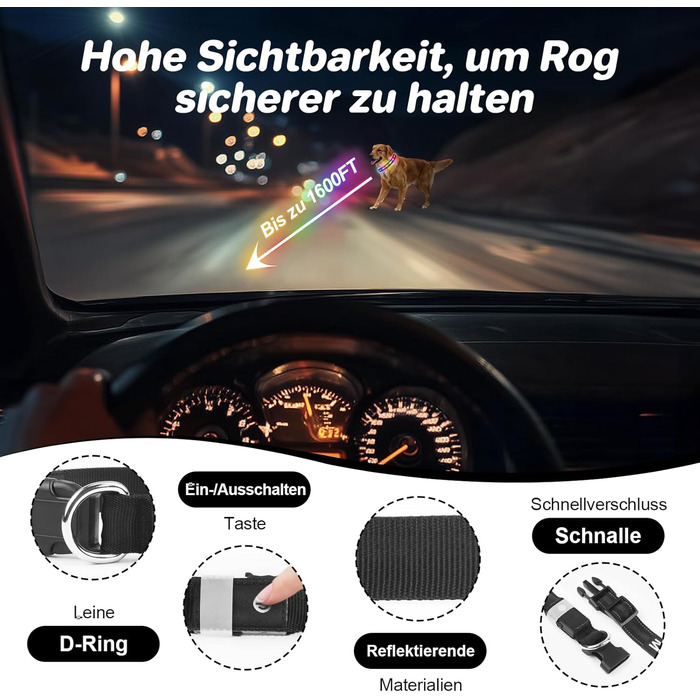 LED-нашийник для собак з підзарядкою USB, вологостійкий, регульований, 3 режими, для малих, середніх та великих собак (Чорний, L(48-60см))