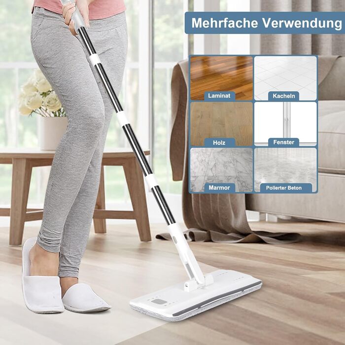 Набір для миття підлоги з відром, Masthome - компактний моп та відро з віджиманням, 3 мікрофібрових насадок та нержавіюча ручка, 2 в 1, для дерев'яних, плиточних та мармурових підлог (білий)