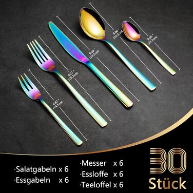 Opolia Cutlery Set for 6 People, Rainbow Cutlery, 30-Piece Stainless Steel Cutlery Set, High-Gloss Polished, Forks and Spoons, Dishwasher Safe, Rustproof and Colorful