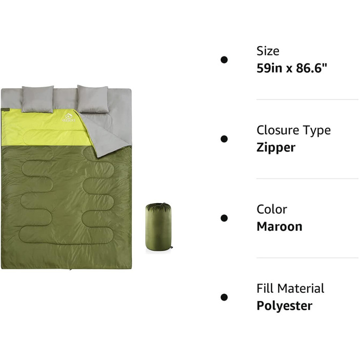 Спальний мішок Oaskys для двох дорослих з подушками – Queen Size XL, водовідштовхуючий, для всіх сезонів, кемпінг, подорожі, 59x86.6 дюймів, оливковий