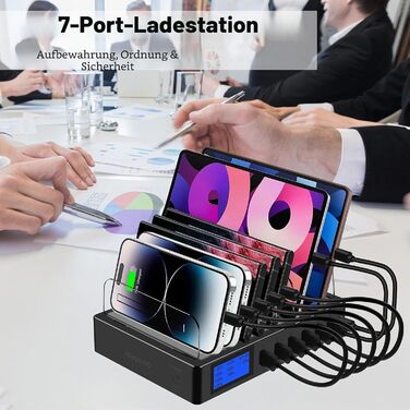 Зарядний пристрій Schnellladestation PD20W QC3.0 7-в-1 з LCD-дисплеєм, Multi-USB, для iPhone, iPad, Samsung, Huawei - Чорний