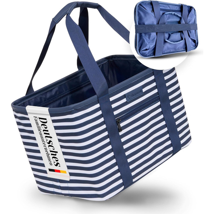 Foldable shopping basket in premium quality | Shopping bag with soft PU leather handle | ideal shopping basket with 30 liter capacity | sturdy & secure shopping bag (Blue/White Striped)