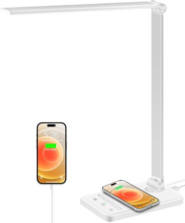 LED настільна лампа Weareok з регулюванням яскравості, захистом для очей, бездротовою зарядкою Qi та USB-портом, білий колір