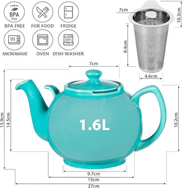Керамічний чайник Urban Lifestyle LIVERPOOL з ситом із нержавіючої сталі, 1.1 л, бірюзовий