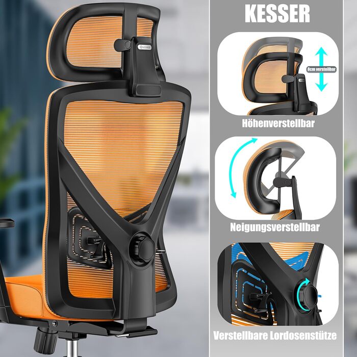 Офісне крісло KESSER® ергономічне з регульованими підлокітниками, поворотне з підтримкою попереку, з підголівником. Функція гойдання до 125° та 5 роликів. Оранжевий/срібний колір.