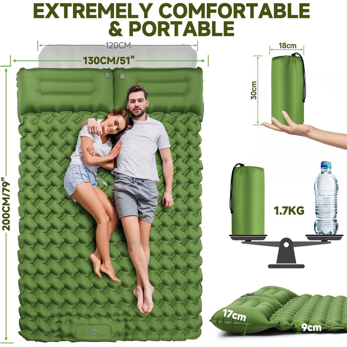 Каремат туристичний надувний Isomatte 9 см, 200x68 см, з подушкою, водонепроникний, для кемпінгу, походу, пляжу (Зелений)