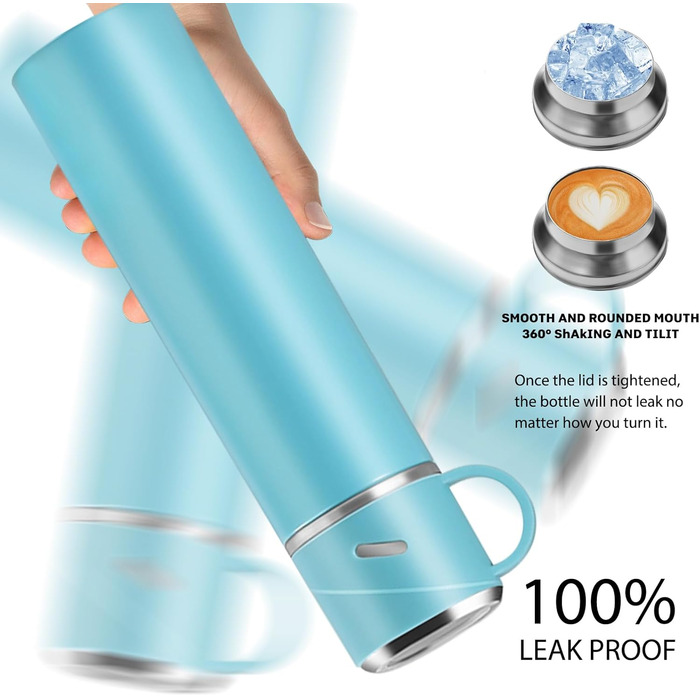 Термос IAGORYUE з нержавіючої сталі, 0,55л, ізольована пляшка з кришкою без витоку та ручкою, подвійні стінки, зберігає тепло та холод до 12 годин - для спорту, офісу, активного відпочинку (блакитний)