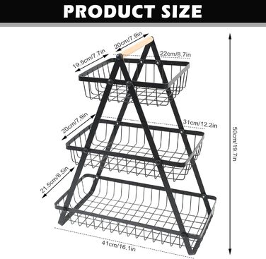 Багатоярусна металева підставка для фруктів та овочів MaxEarn - 3 яруси, велика місткість, з дерев'яною ручкою