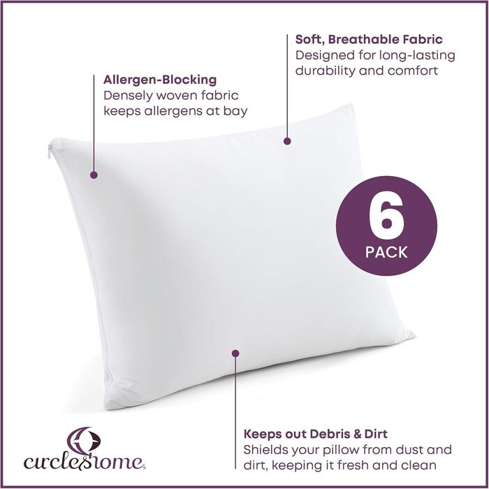 Наволочки King Size CIRCLESHOME 100% бавовна, дихаючі, захист від пилу, гіпоалергенні, комплект 6 шт (50x91 см)