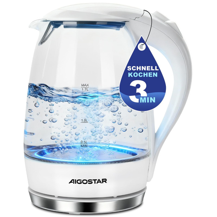 Електричний чайник Aigostar 1.7 л, 2200 Вт, зі скляною колбою, LED-підсвічуванням, без BPA, з фільтром від накипу, чорний (Eve)