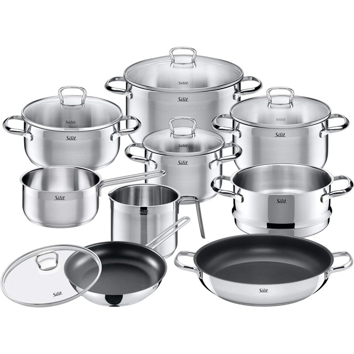 Silit Tuscany Cookware Set, induction-compatible, 10-piece, saucepan set with glass lid, induction saucepans, milk pot, steamer insert, frying pan, stainless steel, partially matte, induction cookware set, uncoated, single