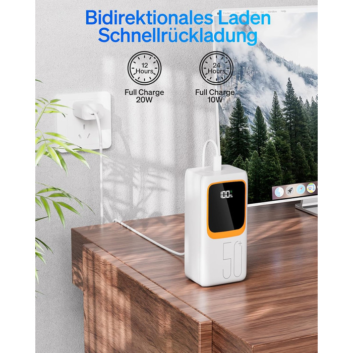 Портативний зарядний пристрій Power Bank 50000mAh з інтегрованим кабелем: швидка зарядка 22,5W, велика ємність, LED-ліхтарик, 7 виходів & 3 входи, 2x25000mAh, білий