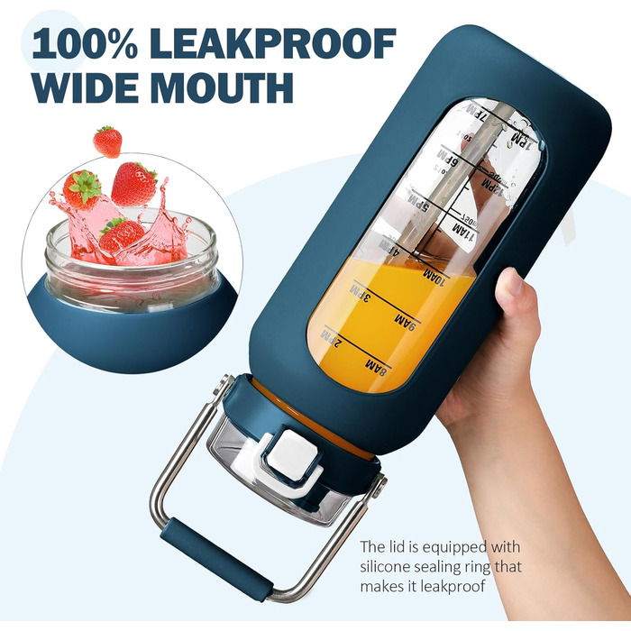 BLUEGO 2000ml Glass Water Bottle with Stainless Steel Handle and Time Marker 2L Motivation Glass Dryer with Silicone Sleeve and Straw for Gym, Office, Outdoors, Sports, BPA-free Water Bottles, Dark Blue