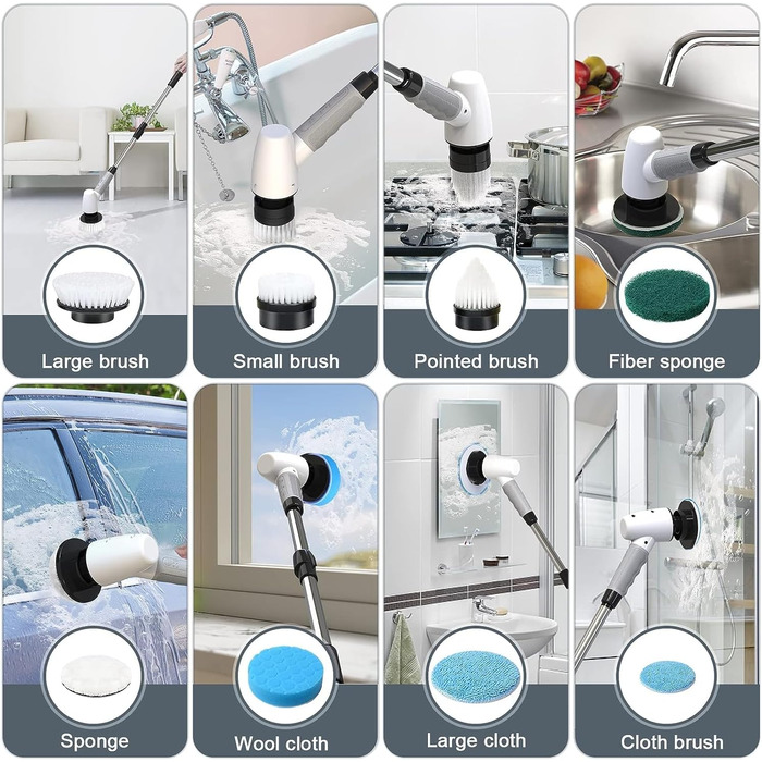 Електричний дрібний шкребок для чищення, щітка для дому, 400 об/хв, 8 змінних насадок, 90 хвилин роботи, 3 регульовані розміри, 2 регульовані швидкості для ванної кімнати Pro