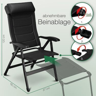 ELONEO Folding Camping Chair with Removable Footrest, Folding Chair Made of Aluminum, Folding Garden Chair, Reclining Chair with Adjustable Backrest, Camping Chair (Folding Chair with Footrest (with Premium Cushion), Black)