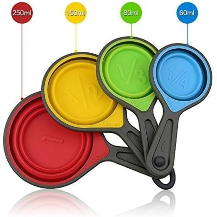 leepiya Measuring Cup and Spoon Set, Folding Measuring Cups, 8-Piece Measuring Tool, Engraved Metric / US Markings for Liquid and Dry Measurement, Space-Saving, BPA-Free Silicone