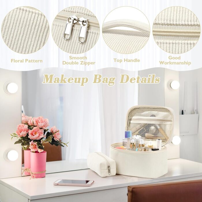 Набір косметичок 3 шт. з квітковим візерунком, жіноча косметичка для подорожей та повсякденного використання | Косметичка для макіяжу для жінок та дівчат (Бежевий)