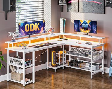 Геймерський стіл ODK з LED-підсвіткою, кутовий, реверсивний, 2 розетки та 2 USB-порти, велика біла модель 168×120 см, з сітчастою полицею