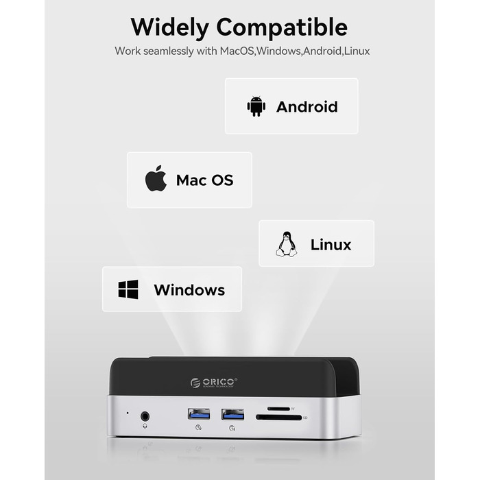 ORICO MiniDock: Док-станція та підставка для Mac mini M4/M4 Pro з корпусом для NVMe SSD, хаб USB-C з 4K HDMI, DisplayPort, SD/TF 3.0, USB-C/A 10Gbps, PD 100W - VS10 (6-in-1, 2TB)