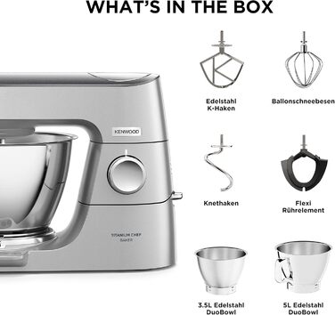 Кухонна машина Kenwood Titanium Chef Baker KVC85.004SI з вбудованими вагами, 1200 Вт, 2 чаші (5 л та 3,5 л), набір для кондитерських виробів, плавне регулювання швидкості, срібляста