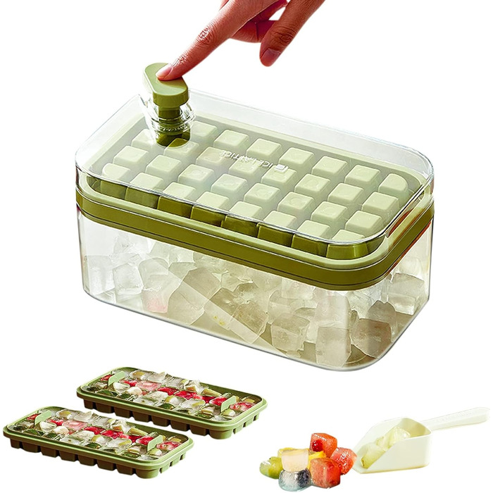 AHOUGER 2023 Ice Cube Tray with Lid & 64 Ice Cube Molds - One-Click Food-Grade Ice Cube Mold for Instant Release of All Ice Cubes (BPA-Free), Green