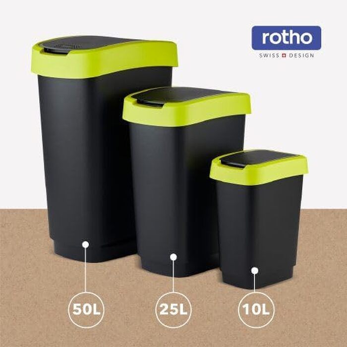 Сміттєвий бак Rotho Twist з кришкою 50л, пластик (перероблений PP), чорний/жовтий, для кухні