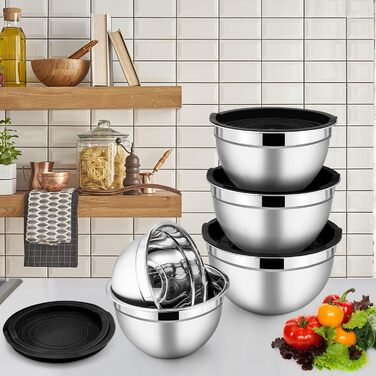 Набір салатниць з кришкою Herogo, 5 шт. з нержавіючої сталі, об'єм 4,5L/2,7L/1,5L/1,2L/0,7L, скляні, для кухні, приготування їжі та сервірування, включає аксесуари для випічки, придатні для миття в посудомийній машині (чорний)