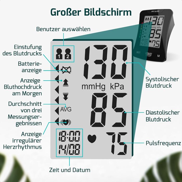 Цифровий тонометр на плече Oberarm з функцією пам'яті, виявлення аритмії та вимірювання пульсу. Підходить для об'ємів плеча 22-42 см. Чорний колір