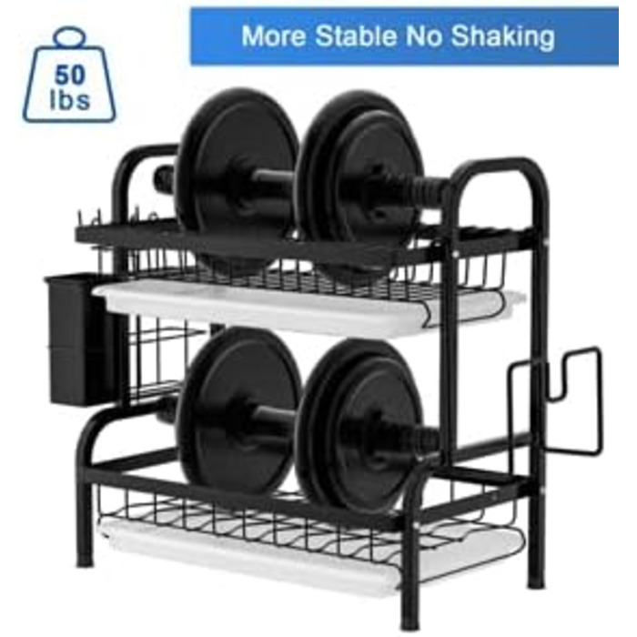 Сушарка для посуду Astoryou 2-ярусна, чорна, з підставкою для столових приборів, з нержавіючої сталі (42x23x41 см)