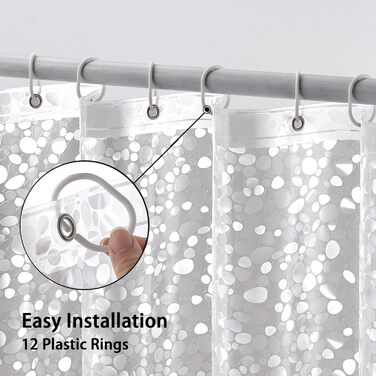 Штора для ванної MIULEE 180x180 см, прозора з 3D камінням, антигрибкова, з магнітами та кільцями (1 шт)