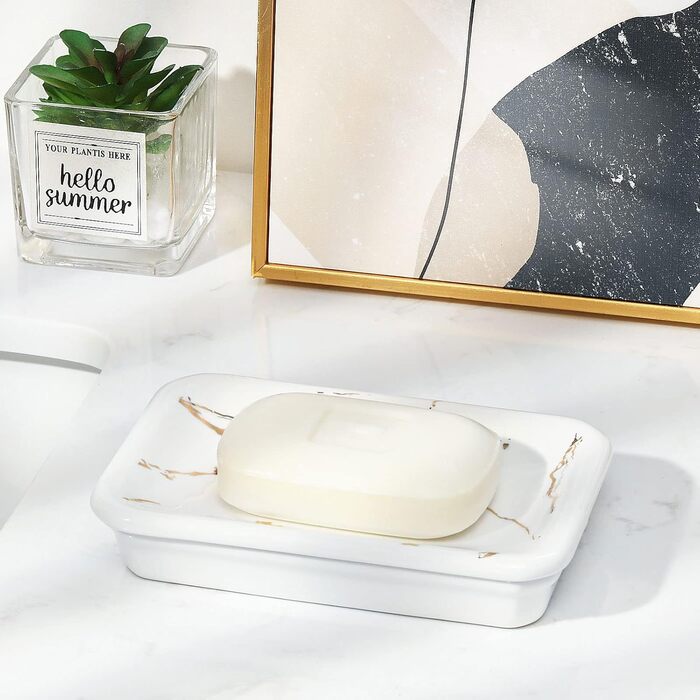 Підставка для мила Shinowa з подвійним шаром та знімним контейнером для води, білий мармур з золотим візерунком