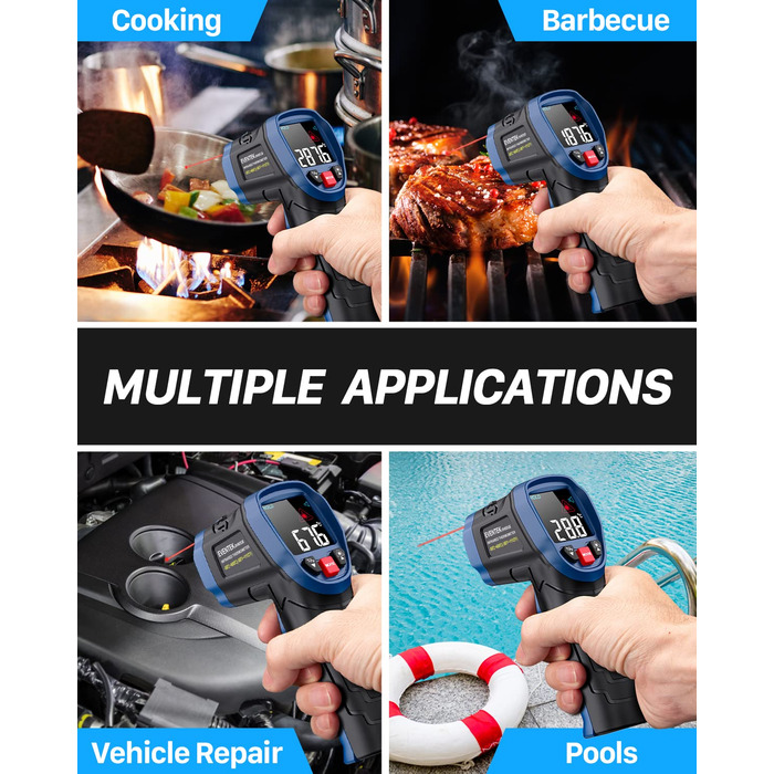 Інфрачервоний термометр Eventek -50°C до 600°C з лазером, регульований коефіцієнт випромінювання, цифровий, для гриля, піци, кухні, промисловості